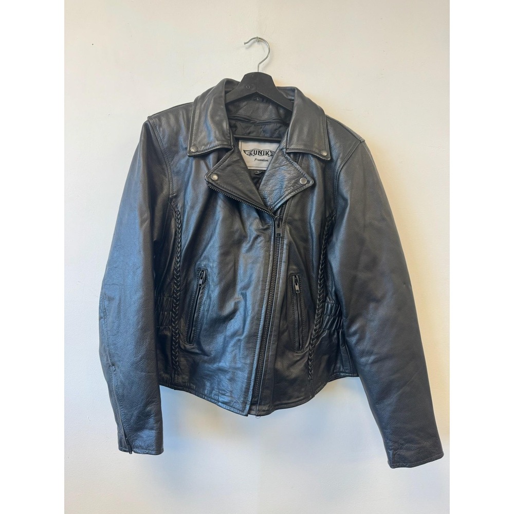 UNIK Premium Jacket Womens Large Black Leather Motorcycle Biker Zip Moto